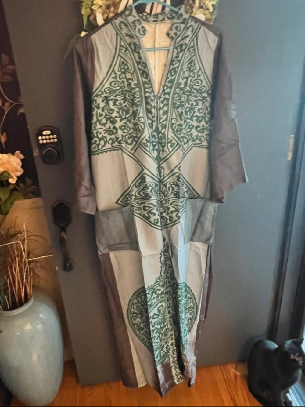 Green Gray Printed Wide Leg Jumpsuit 3/4 Sleeve